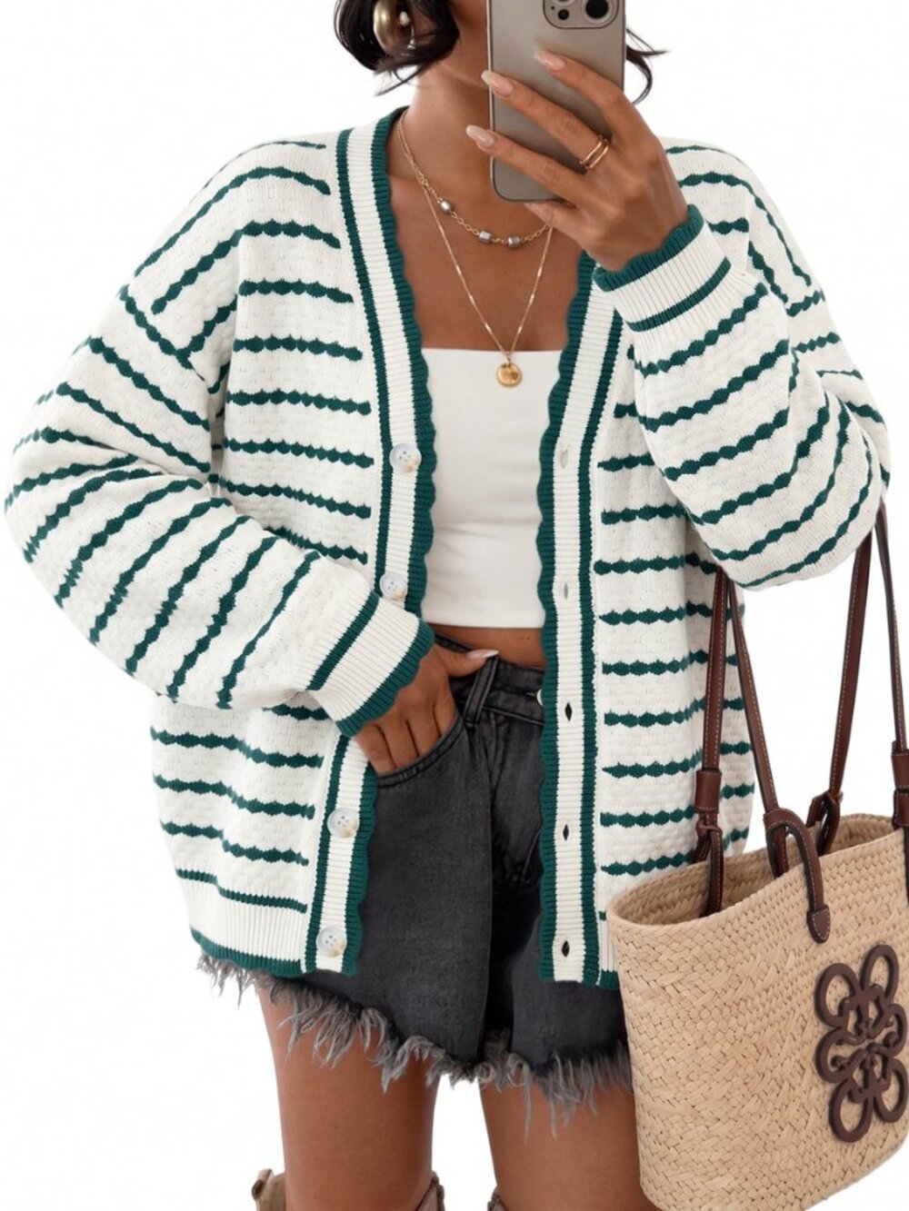 Women's Striped Button Up Cardigan Sweaters V Neck Trendy Knit Tops